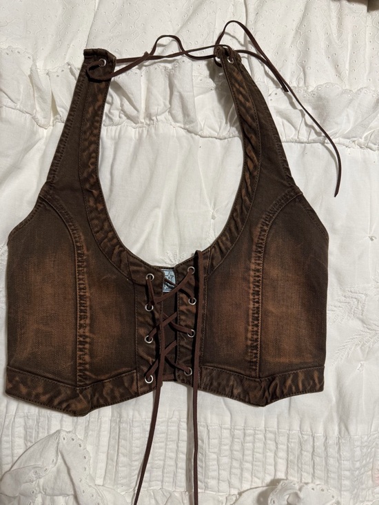 REVICE Denim - REVICE Brown Lace-Up Denim Halter Crop Top/skirt/low rise pants